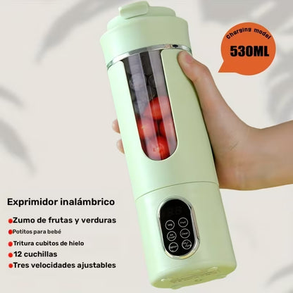 Licuadora Exprimidora Portátil 530ml – 12 Cuchillas, 21000 RPM, Autolimpieza, Tritura Hielo, Recargable USB
