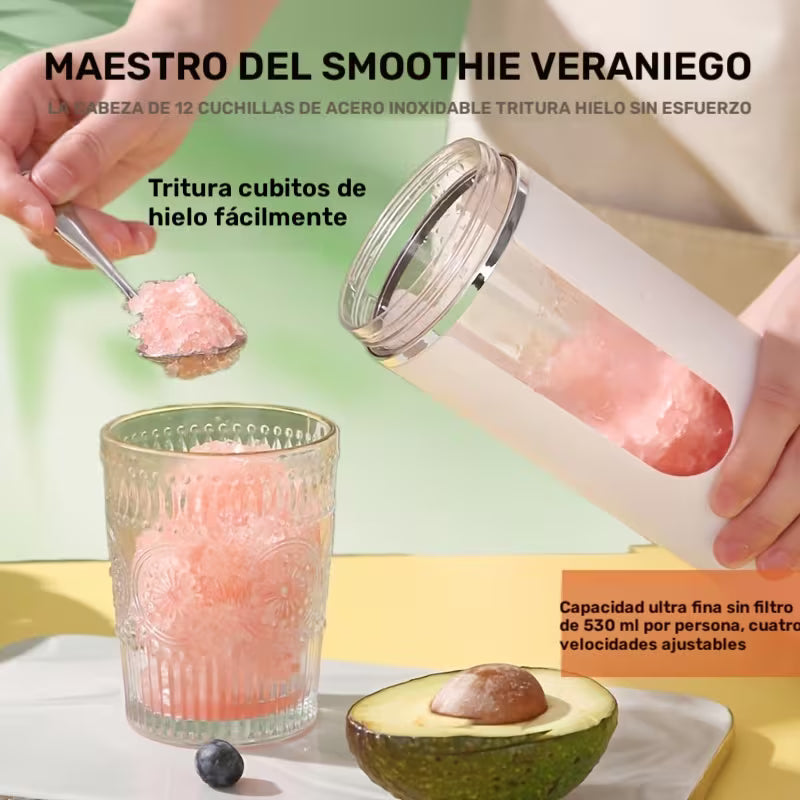 Licuadora Exprimidora Portátil 530ml – 12 Cuchillas, 21000 RPM, Autolimpieza, Tritura Hielo, Recargable USB