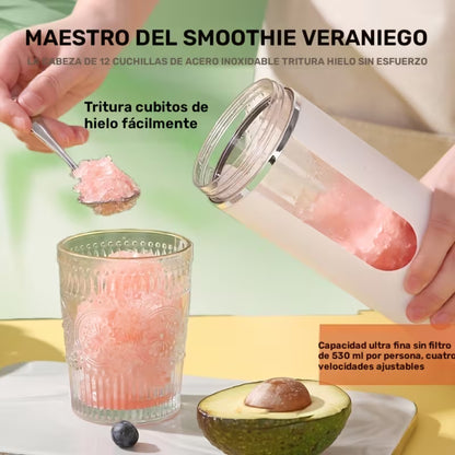 Licuadora Exprimidora Portátil 530ml – 12 Cuchillas, 21000 RPM, Autolimpieza, Tritura Hielo, Recargable USB